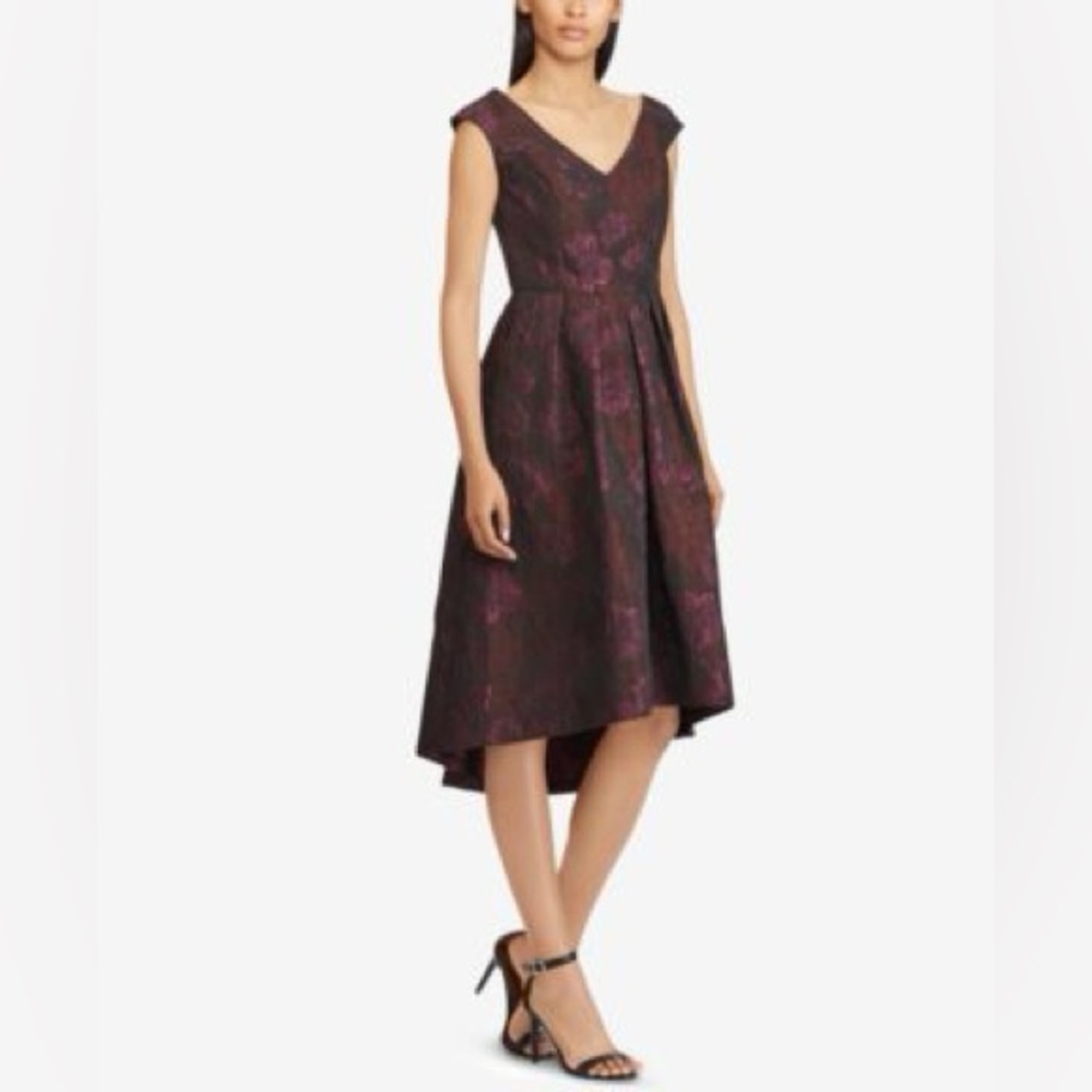 Ralph Lauren Plum Floral Jacquard V-Neck Fit-and-Flare Dress